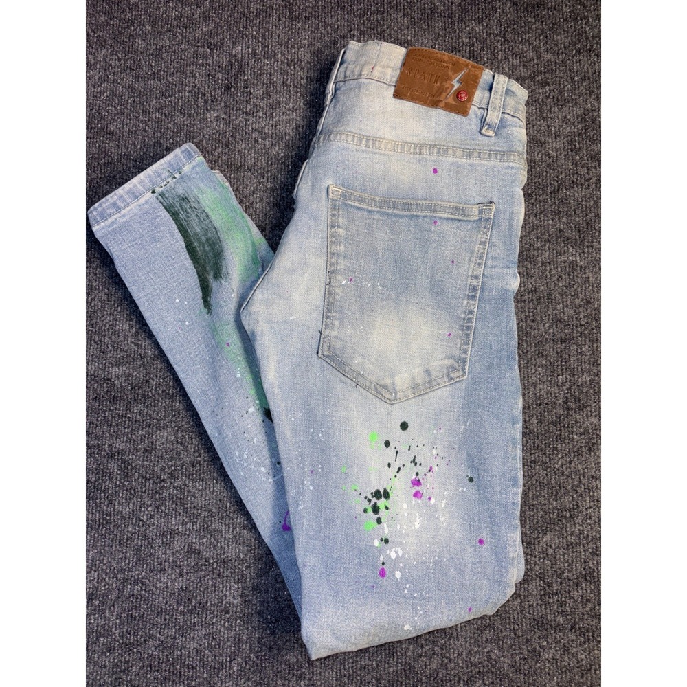Spark Skinny Jeans Mens 28/30 Blue Denim Stretch Faded Paint Splatter Slim Fit